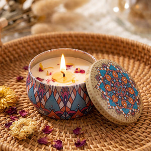 Bougie mandala vert boîte étain fleurs séchées parfum