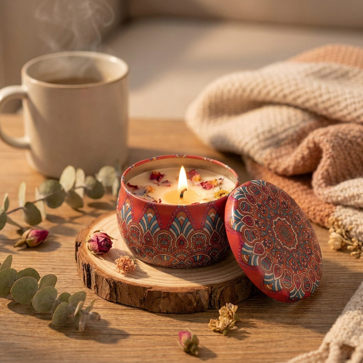 Bougie parfumée allumée sur une table de salon près d'une tasse fumante et d'un plaid
