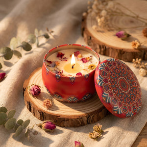 Bougie parfumée aux fleurs séchées allumée dans un pot métal rouge à motifs bohèmes posée sur une rondelle de bois