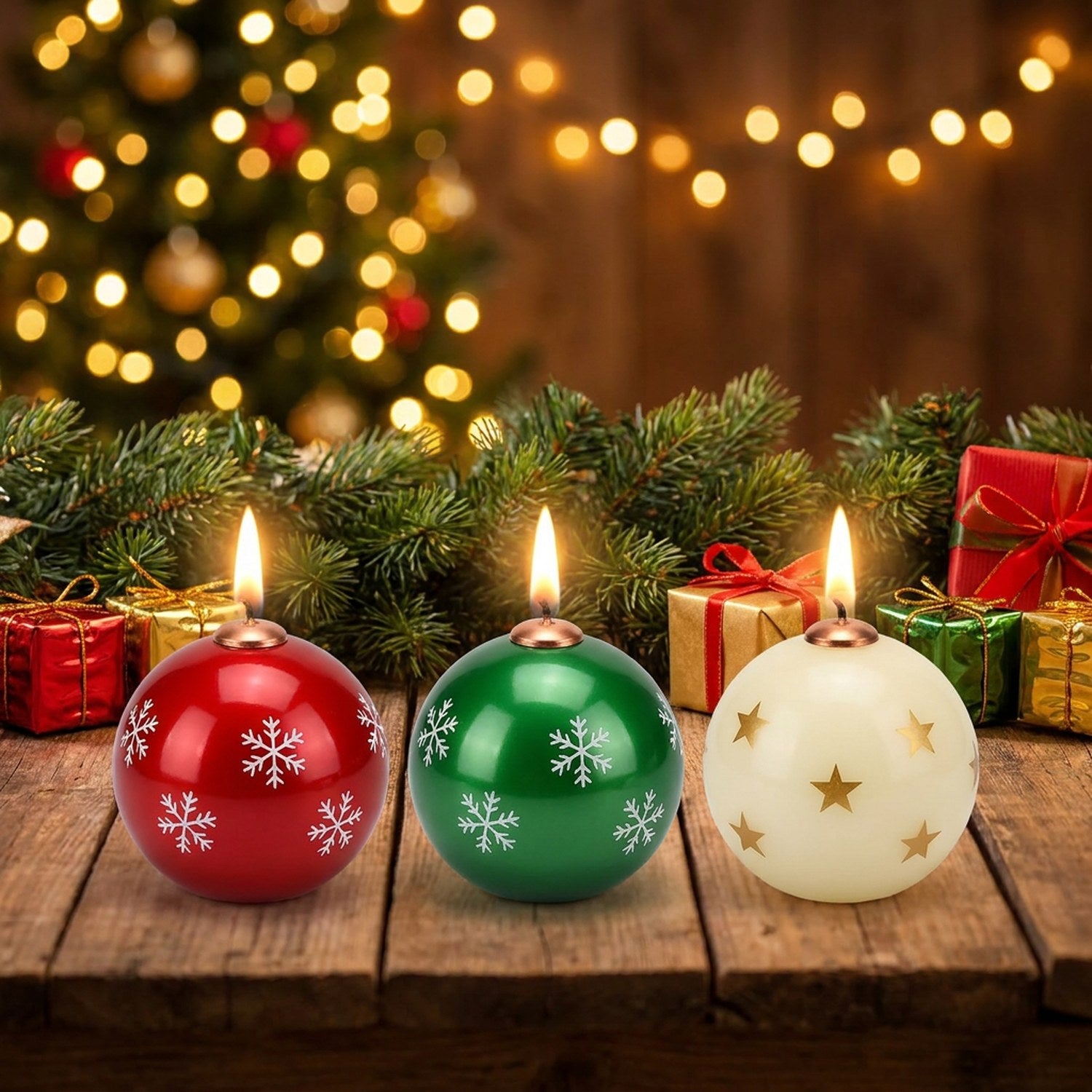 Trois bougies parfumées de Noël rouge verte et blanche allumées avec guirlande de sapin