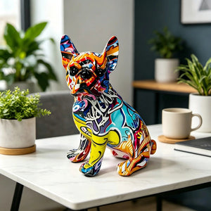 Statue bouledogue français graffiti coloré assis sur un bureau en marbre