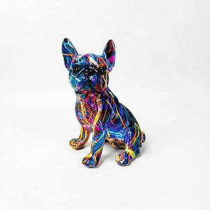 Statue bouledogue français motif néon assis fond blanc