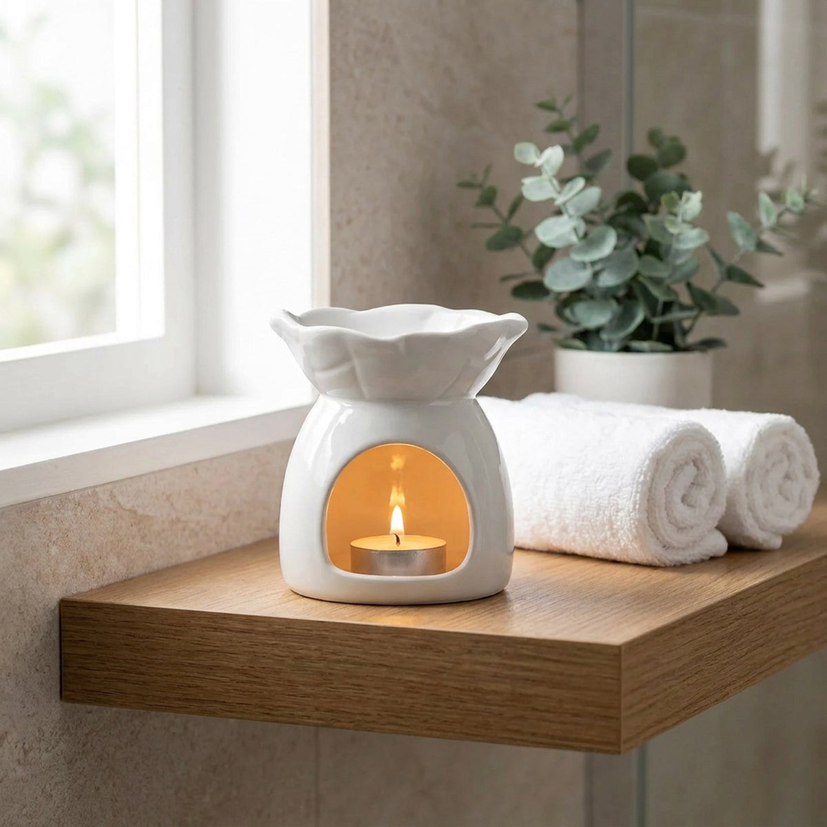 Brûle-parfum céramique blanc allumé sur une étagère de salle de bain avec serviettes et plante