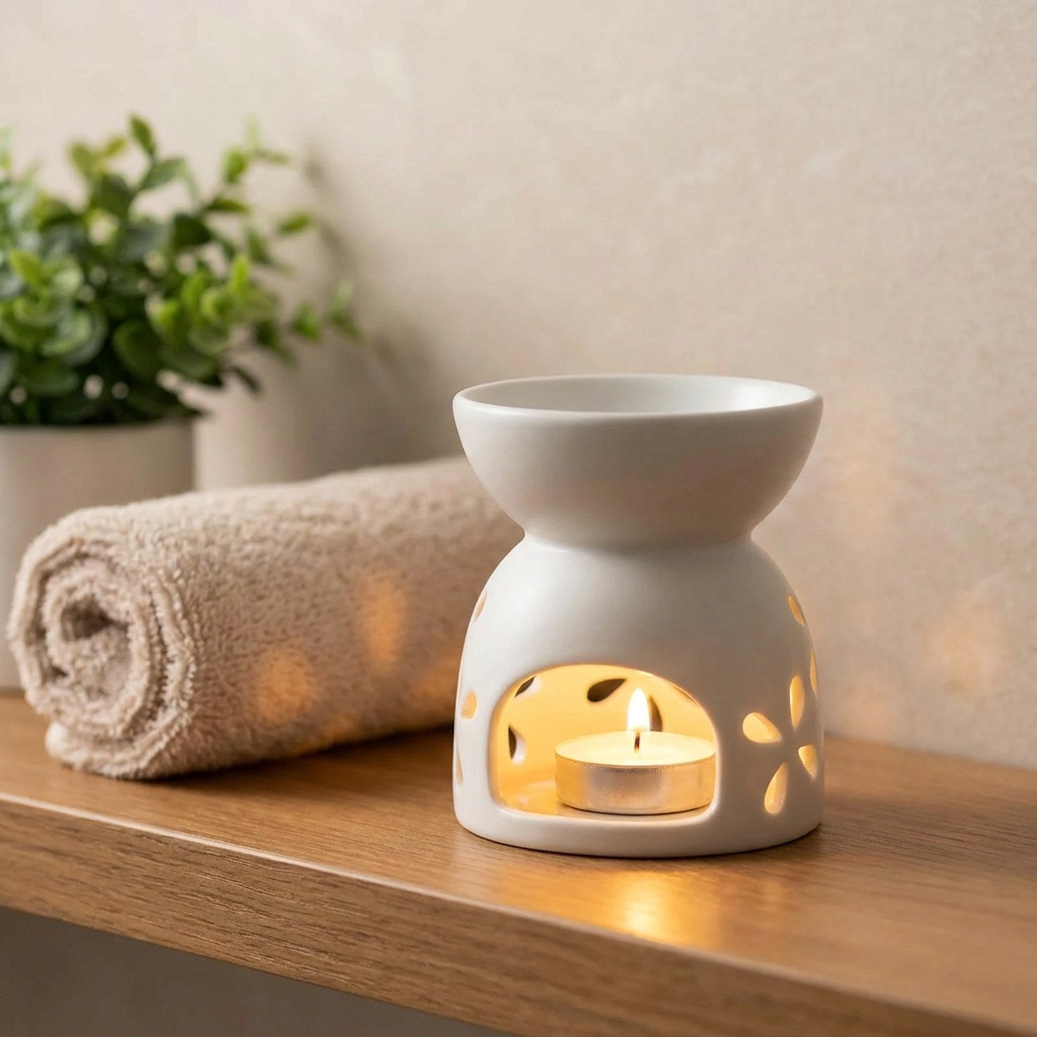 Brûle-parfum en céramique allumé sur une étagère de salle de bain avec serviette et plante