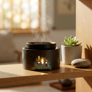 Brûle-parfums céramique sur une étagère en bois avec plante succulente et pierre