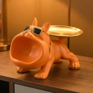 Bulldog décoratif résine orange mat avec plateau et collier dorés