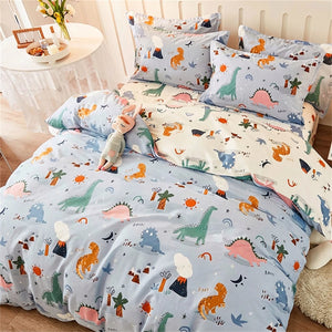 Housse de couette dinosaure multicolore fond bleu avec revers crème et taies assorties