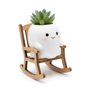 Cache-pot visage souriant modèle Fauteuil à bascule, personnage blanc en bois