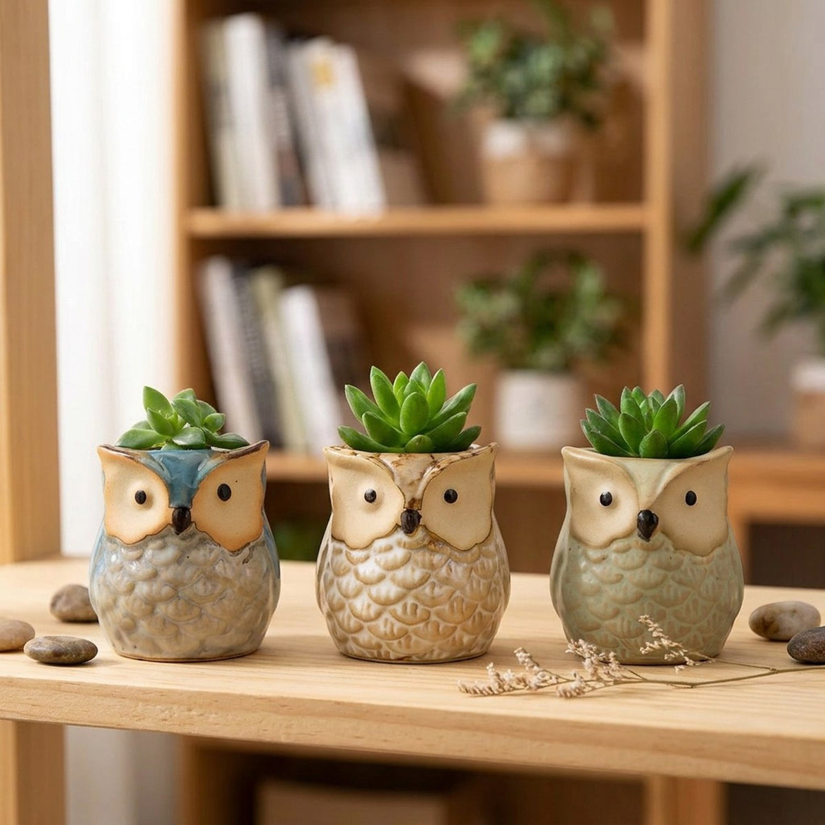 Trois cache-pots hibou en céramique beige bleu et vert avec succulentes sur étagère bois