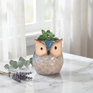 Cache-pot hibou céramique bleu avec eucalyptus sur surface marbre près d'une fenêtre