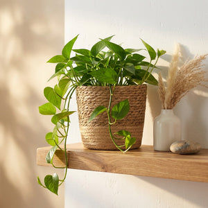 Panier cache-pot en osier avec pothos sur étagère en bois naturel