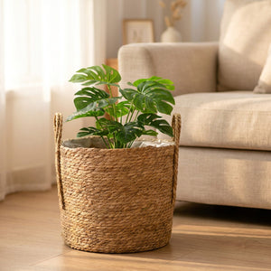 Cache-pot en paille tressée à anses garni d'une plante verte posé sur un parquet dans un salon lumineux