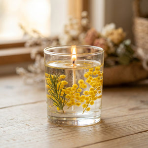 Bougie parfumée Camomille fleurs jaunes séchées dans un verre transparent