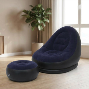 Canapé paresseux gonflable bleu foncé avec pouf assorti effet peluche