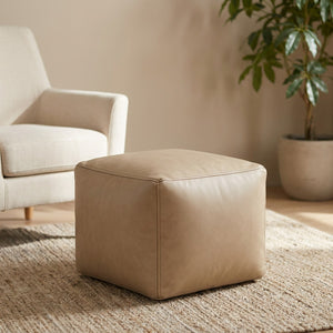 Pouf ottoman carré en simili cuir beige