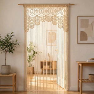 Rideau de porte en macramé champagne à dentelle et fils suspendus