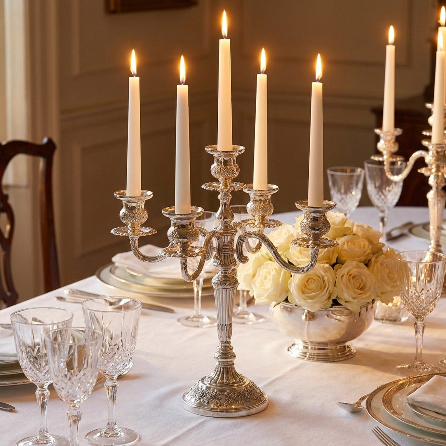 Chandelier baroque argenté comme centre de table avec roses blanches et verres en cristal