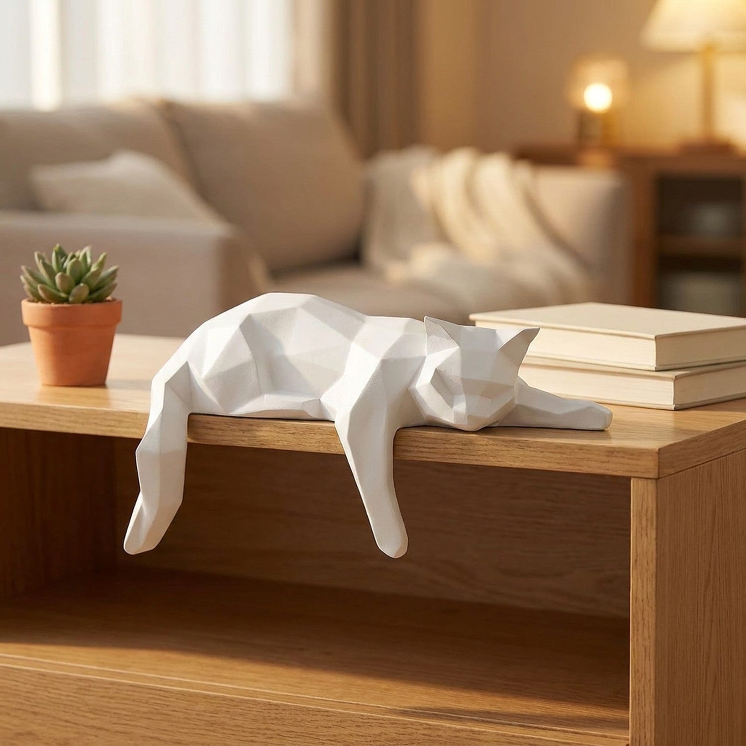 Statue de chat blanc couché sur une console en chêne à côté d une plante et de livres
