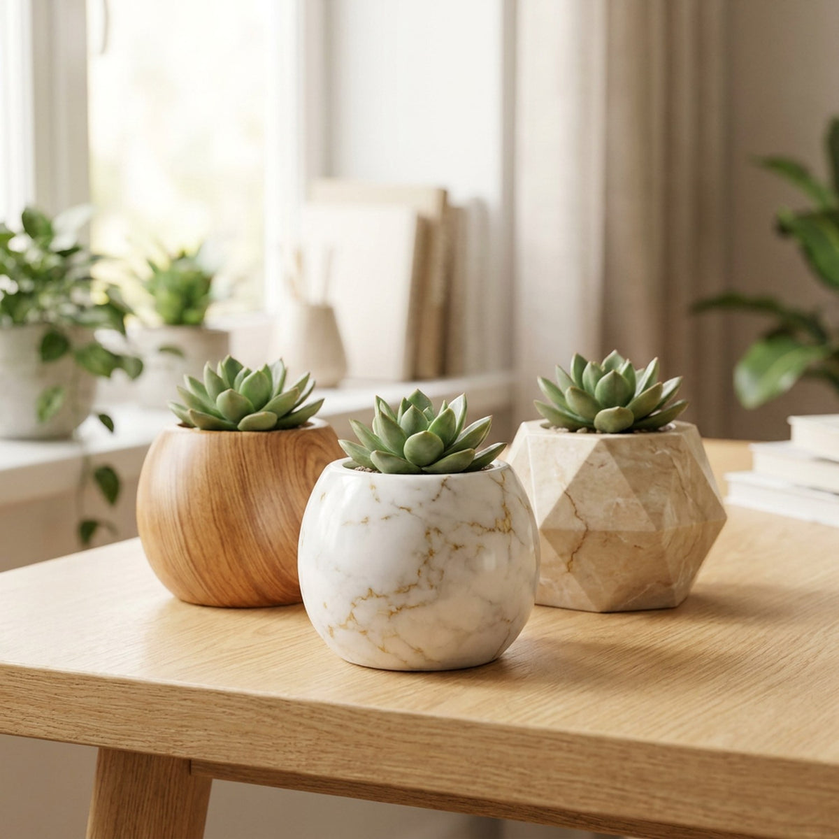 Trois pots de fleurs en céramique scandinave avec succulentes sur un bureau