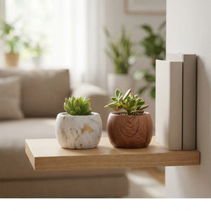 Deux pots de fleurs en céramique sur une étagère murale avec succulentes