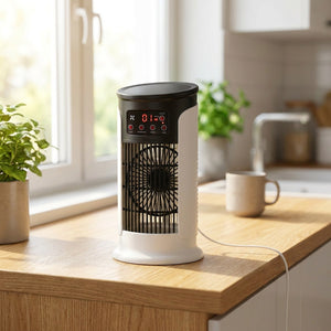 Climatiseur ventilateur 3 en 1 posé sur un plan de travail de cuisine ensoleillé