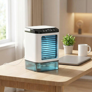 Climatiseur portable blanc avec façade éclairée en bleu posé sur un bureau lumineux