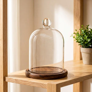 Cloche décorative en verre base bois dôme sur étagère