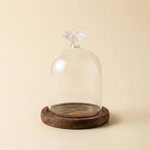 Cloche verre silhouette fleur base bois
