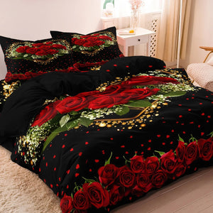 Parure de lit roses rouges sur fond noir dans une chambre cosy