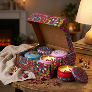 Coffret de bougies parfumées mandala allumées sur une table de salon