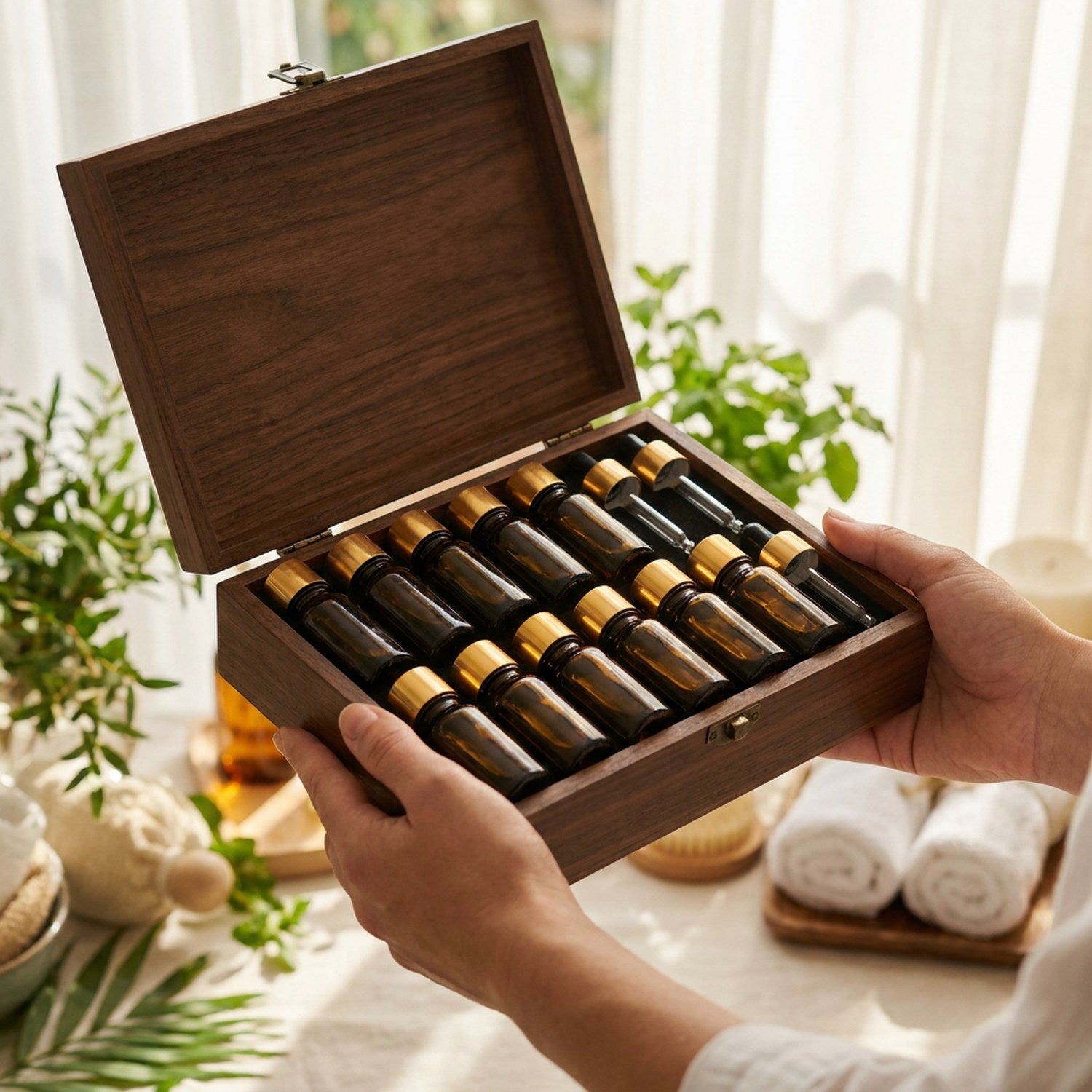 Mains tenant un coffret ouvert d'huiles essentielles en bois