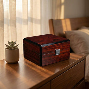 Coffret montre fermé sur commode en bois lumière dorée avec plante succulente