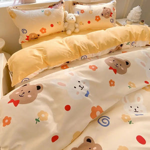 Housse de couette jaune motif ourson et lapin avec fleurs