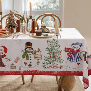 Chemin de table de Noël modèle bonhommes de neige avec motif Merry Christmas tissé sur fond clair