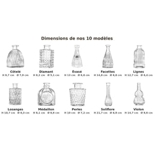 Schéma des dimensions des dix modèles de vases en verre vintage hauteur et diamètre en centimètres