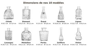 Schéma des dimensions des dix modèles de vases en verre vintage hauteur et diamètre en centimètres