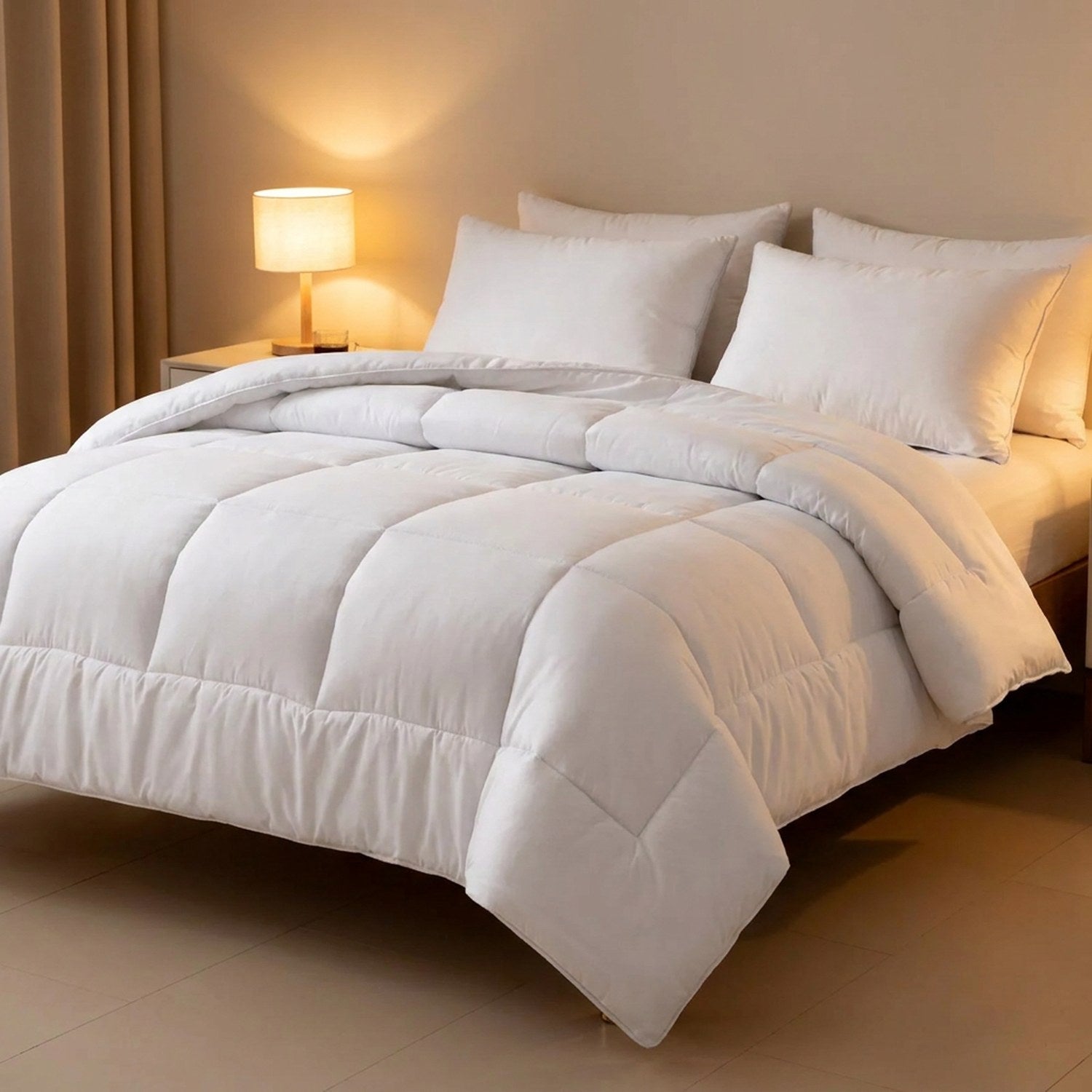 Couette d'hiver blanche dans une chambre moderne avec lampe de chevet allumée