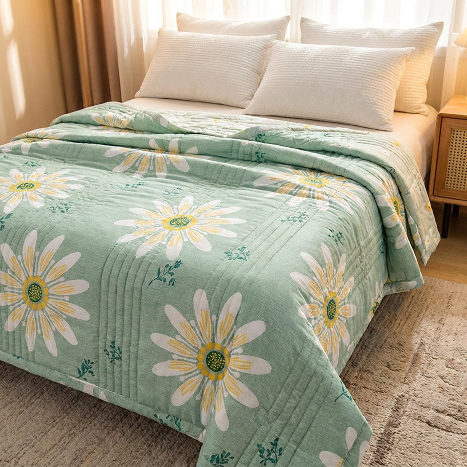 Couette d'été matelassée imprimée installée sur un lit lumineux