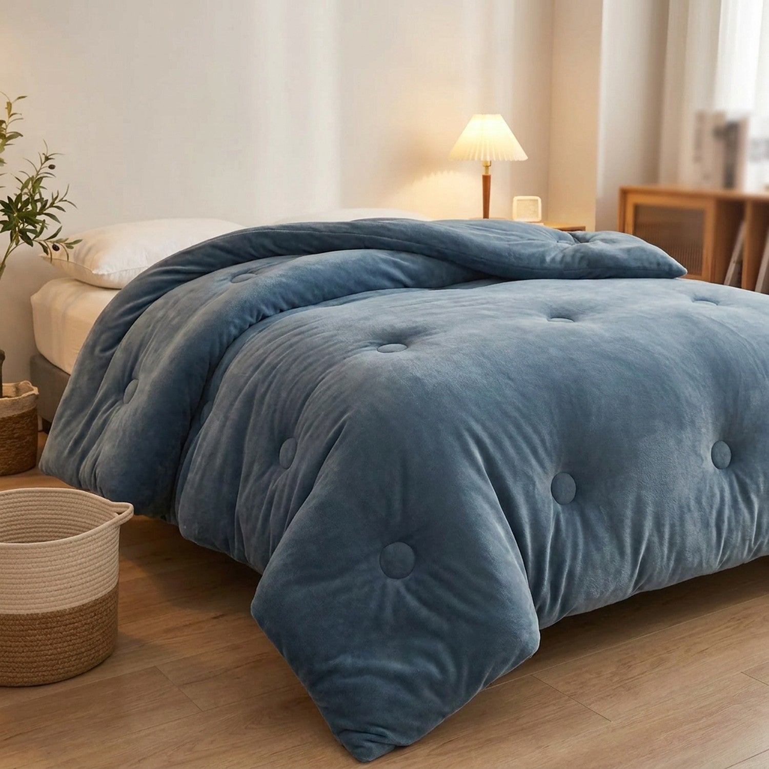 Couette bleue en velours drapée sur un lit avec panier et plante dans une chambre lumineuse