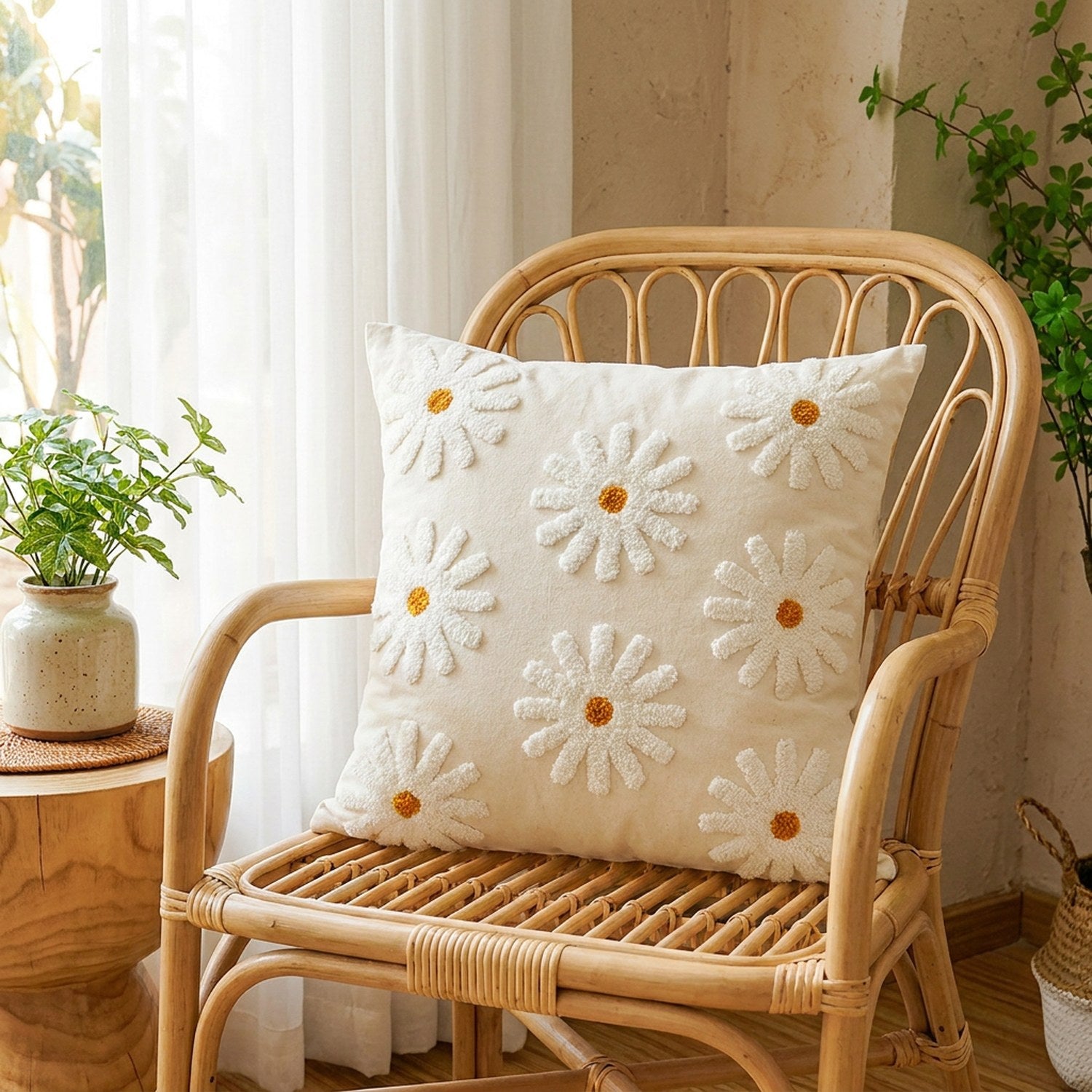 Housse de coussin brodée marguerite orange sur un fauteuil en rotin près d'une fenêtre