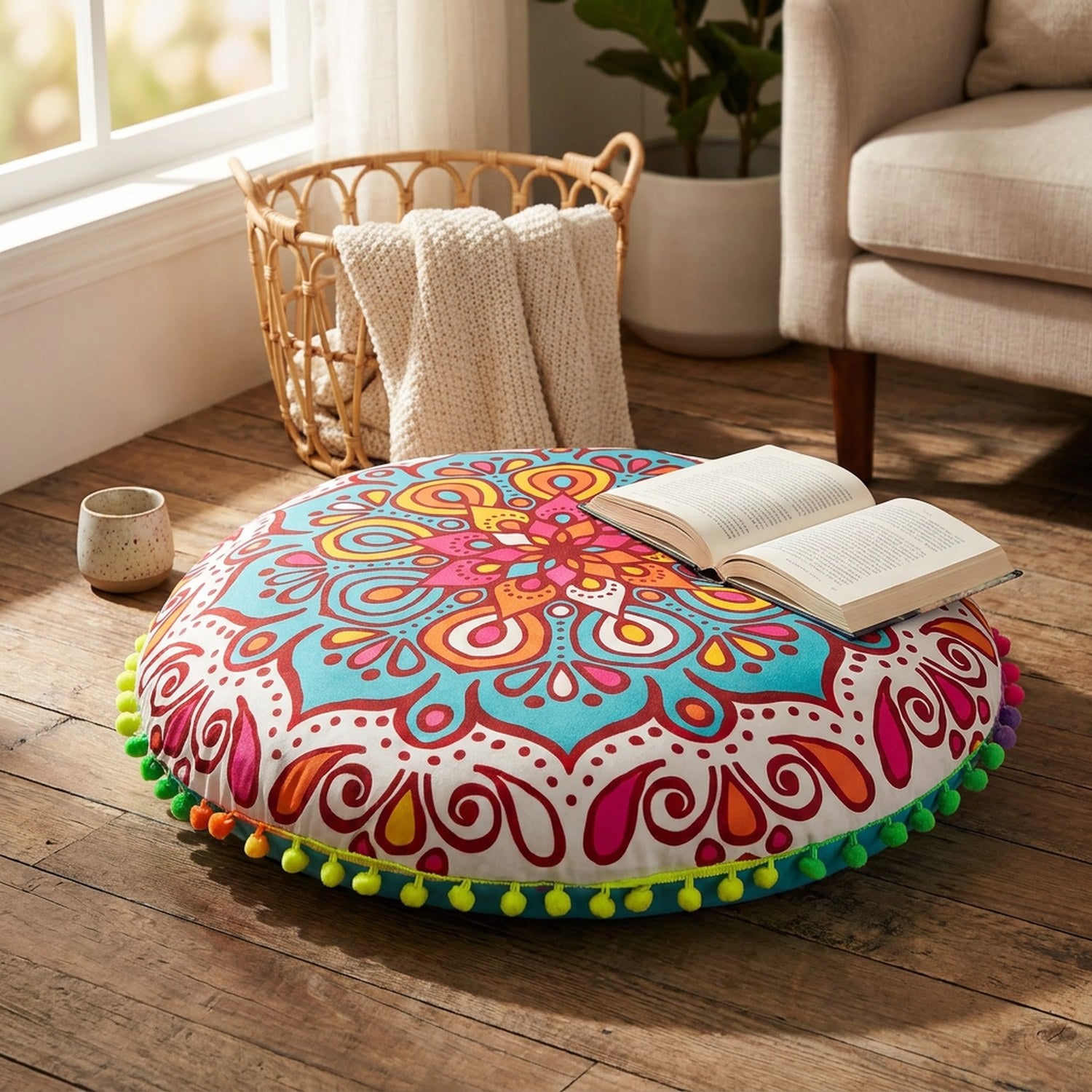 Coussin de sol mandala multicolore posé au sol dans un coin lecture cocooning