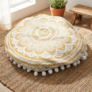 Coussin de sol rond motif mandala doré et blanc avec pompons