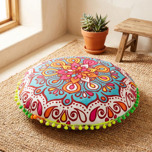 Coussin de sol rond motif mandala multicolore turquoise avec pompons