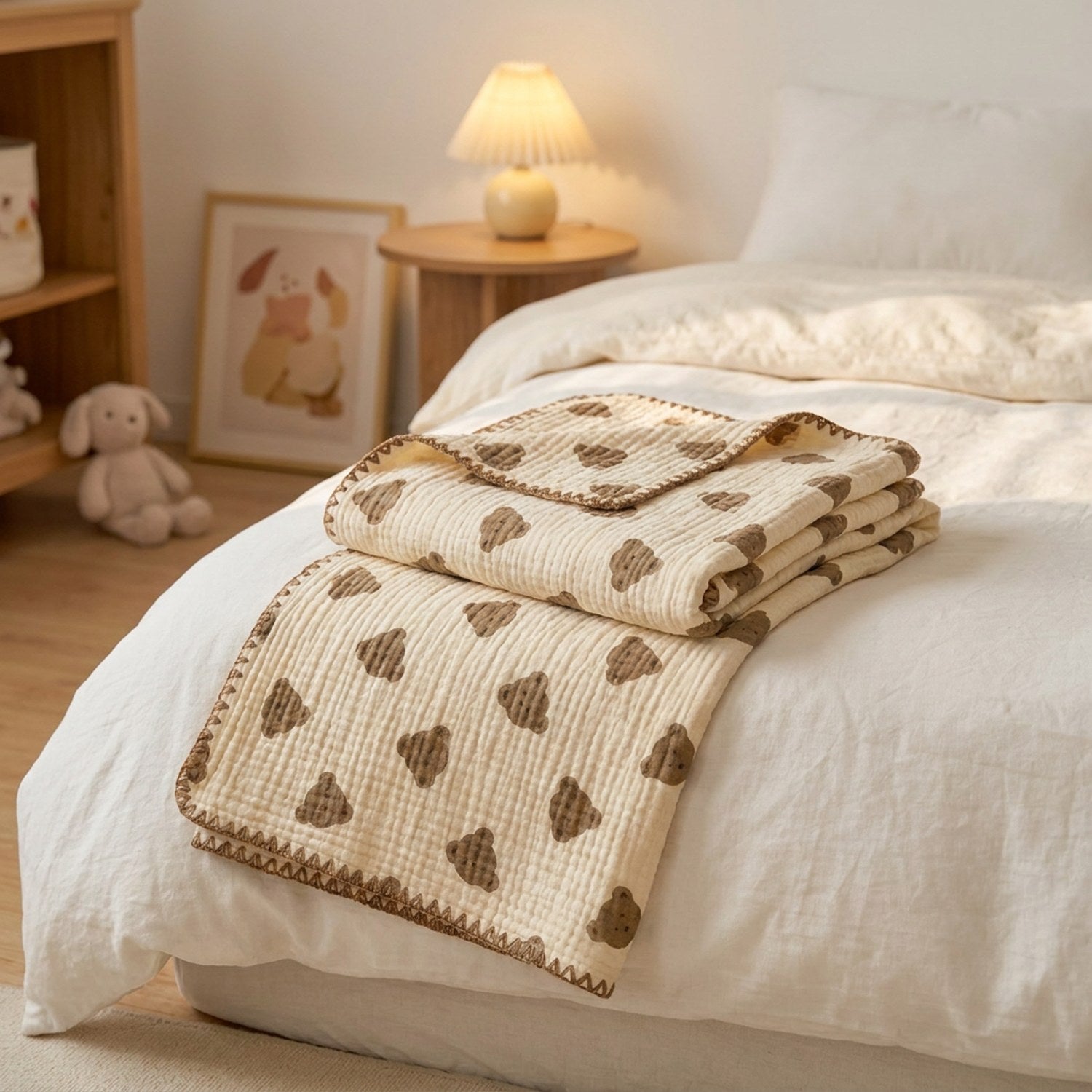 Couverture en gaze de coton pliée au pied d'un lit dans une chambre d'enfant chaleureuse
