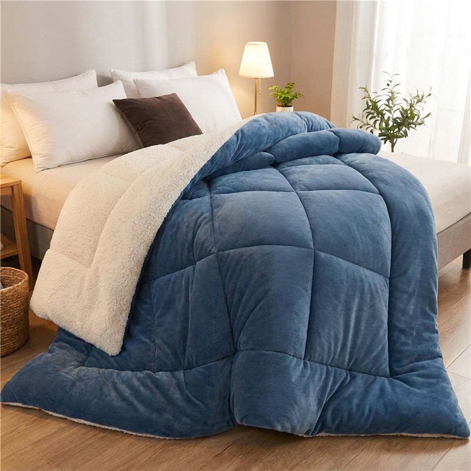 Couverture bleue drapée au pied d un lit avec panier et plante dans une chambre lumineuse