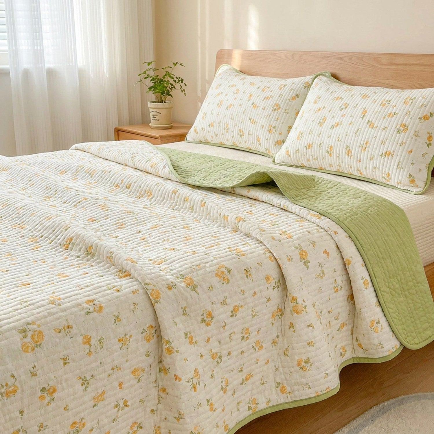 Couvre-lit fleuri jaune installé sur un lit vu de côté dans une chambre lumineuse