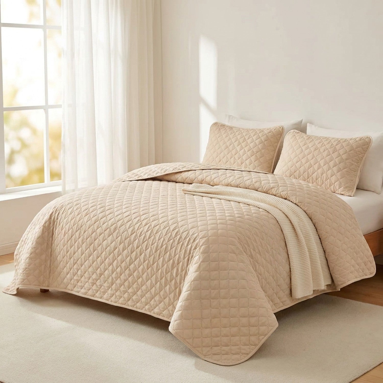 Couvre-lit matelassé beige installé sur un lit près d'une fenêtre lumineuse