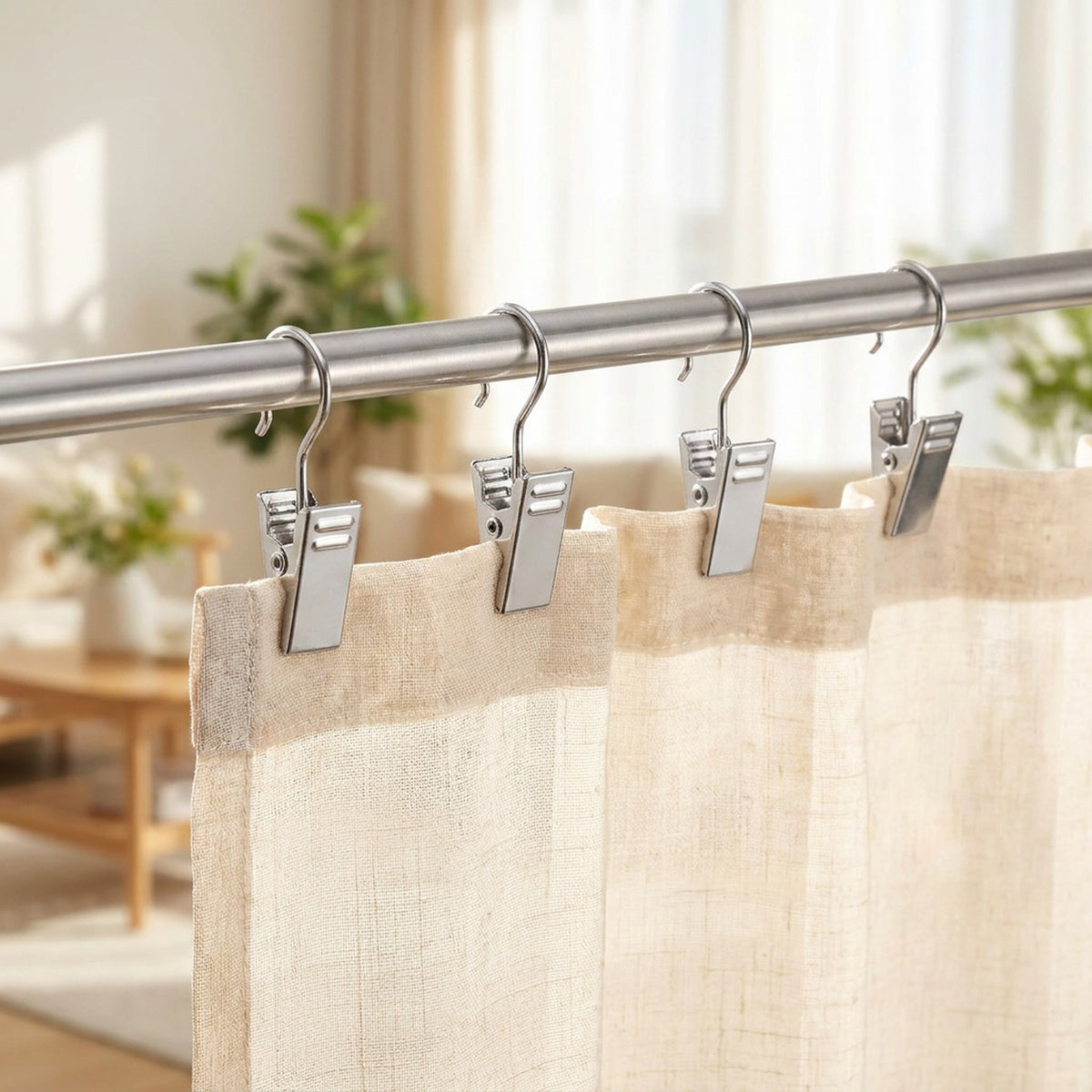 Crochets pinces en acier suspendus à une tringle tenant un rideau en lin beige