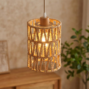 Abat-jour suspension modèle cylindre ajouré en fibre tressée beige aspect rotin