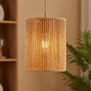 Abat-jour suspension modèle cylindre en fibre tressée beige aspect rotin